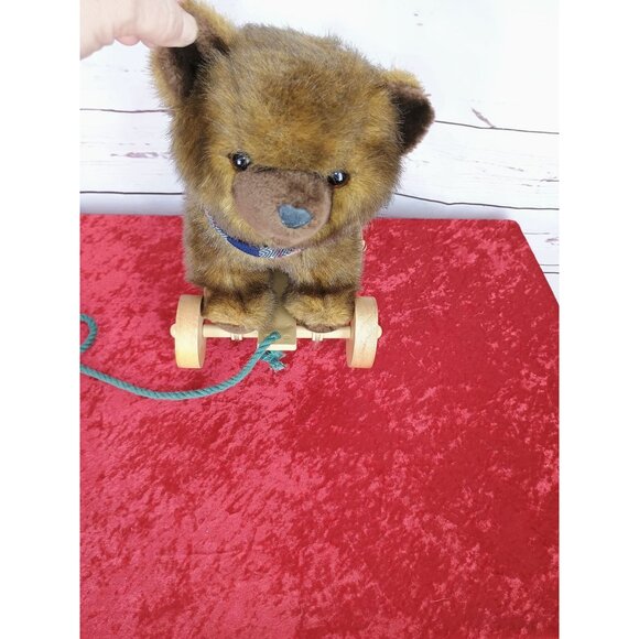 Vintage 1986‎ Applause Brown Plush Teddy Bear Wooden Wheels Pull Toy - Picture 3 of 6